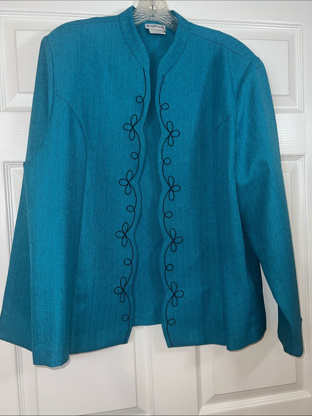BonWorth Teal Embroidered Open-Front Cardigan
